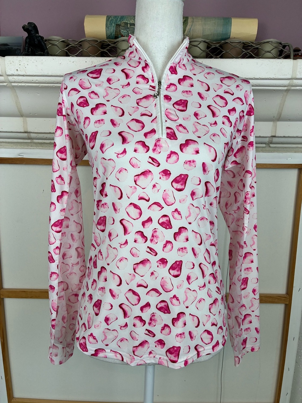 San Soleil SPF 50 Pink Petal Print Long-Sleeve 1/4 Zip Neck Top
